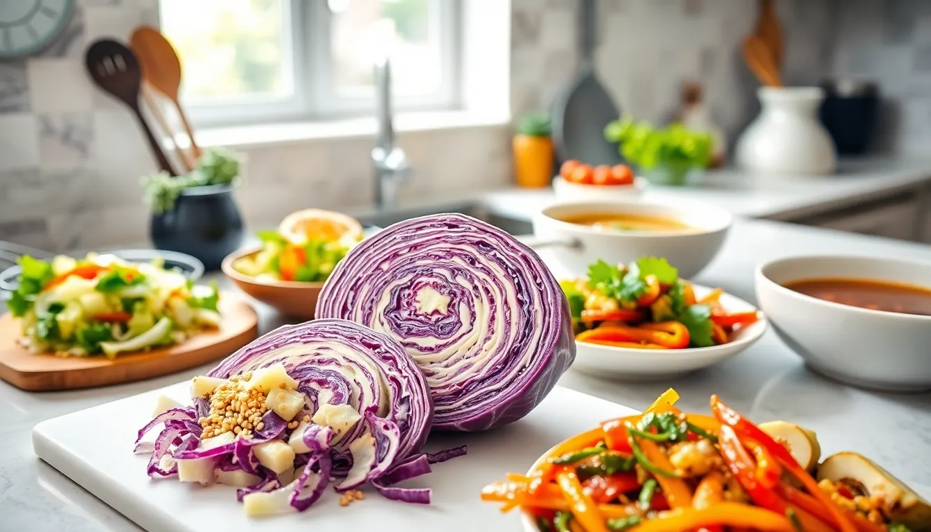 fresh cabbage dishes arranged on a kitchen countertop.