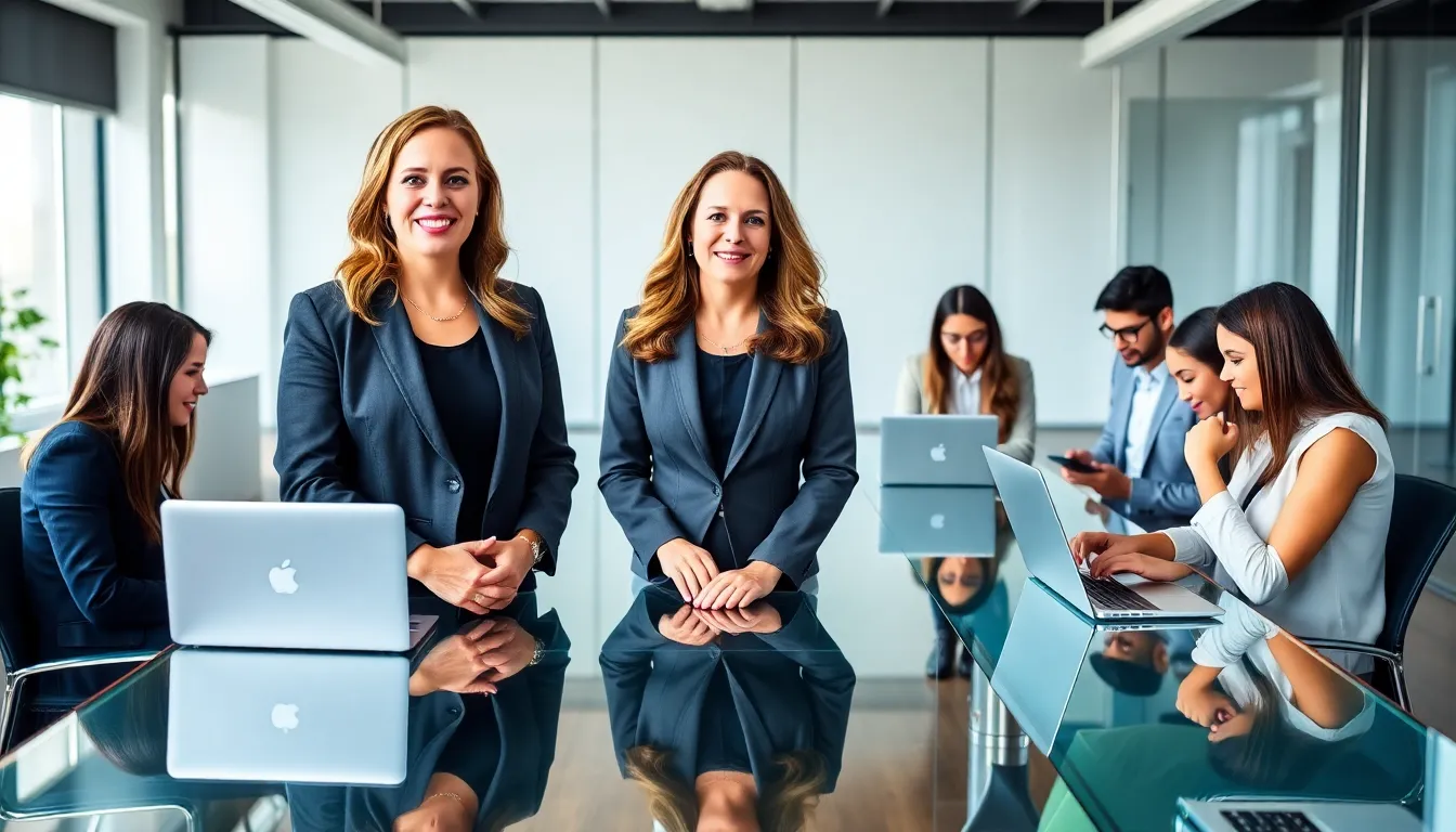 Stacy Klinger leading a diverse team in a modern office.
