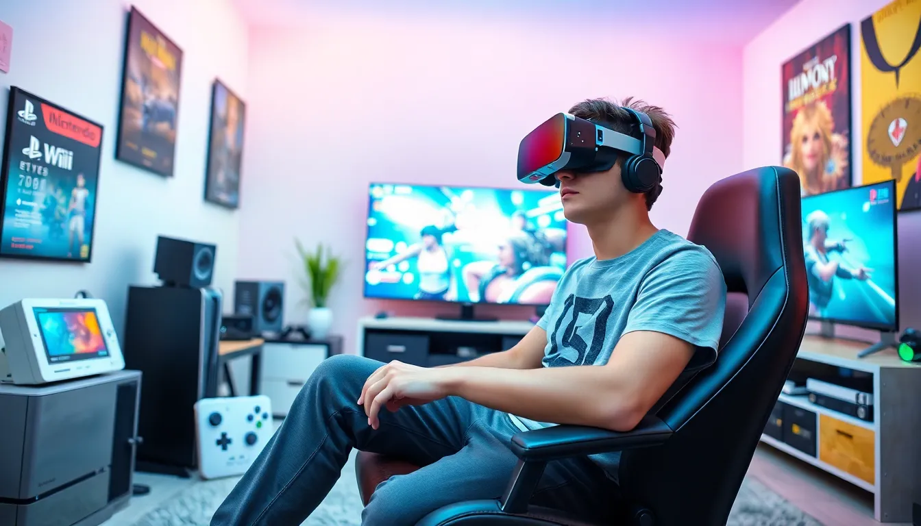 a gamer using a VR headset surrounded by various gaming gadgets.