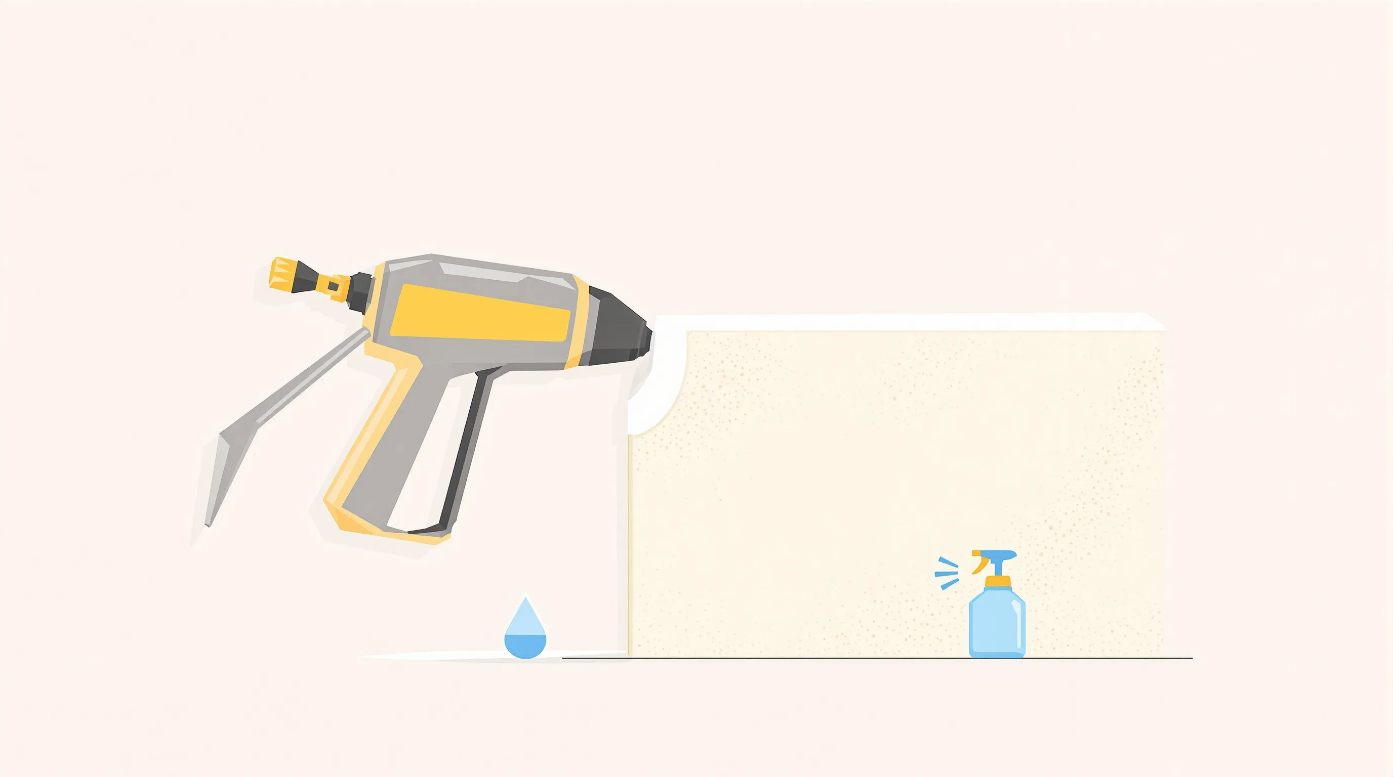 Foam gun applying construction foam to building block in minimal style.