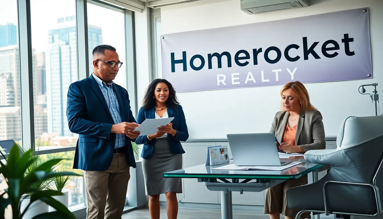 three diverse real estate agents collaborating in a modern office.