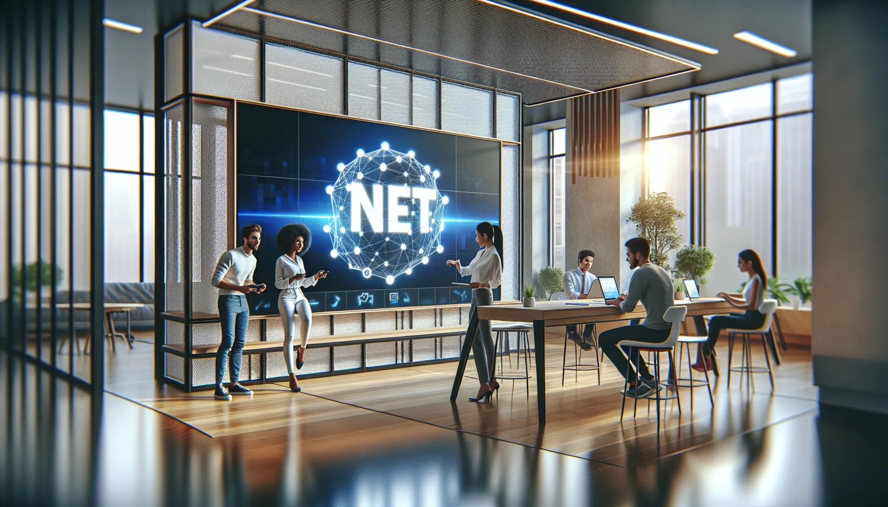 diverse professionals engaging with the Dzeko11 Net platform in a modern office.