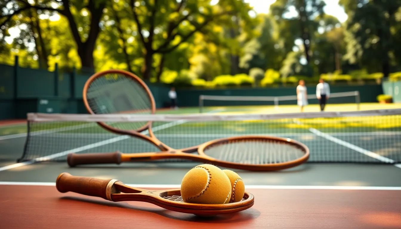 illustration of the history of tennis with vintage gear and a modern court.