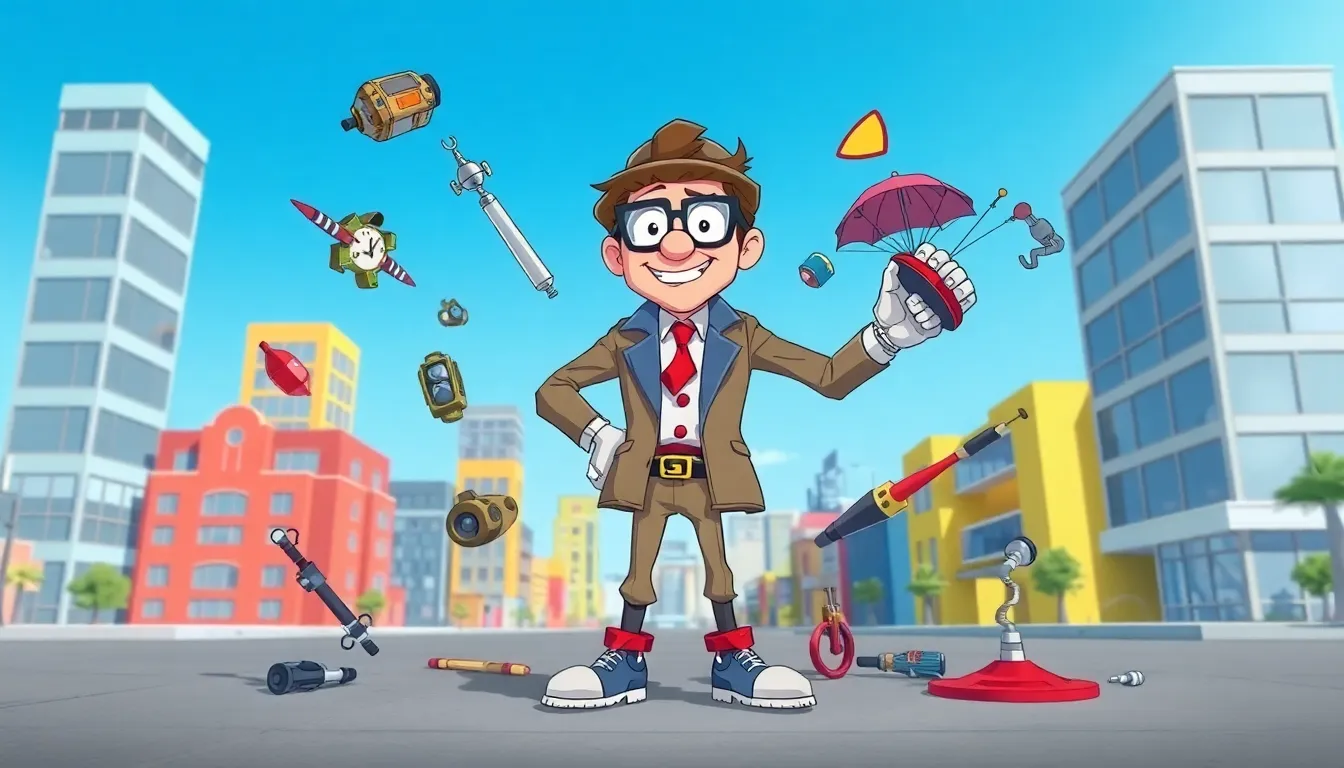 Inspector Gadget showcasing his gadgets in a colorful city scene.