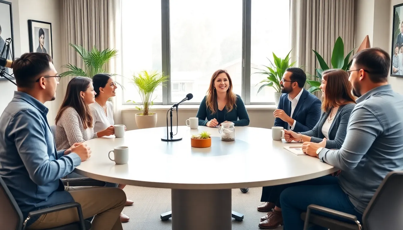 Bianca and diverse group discussing parenting in a cozy office setting.