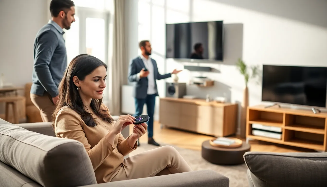 diverse group troubleshooting a Roku remote in a modern living room.