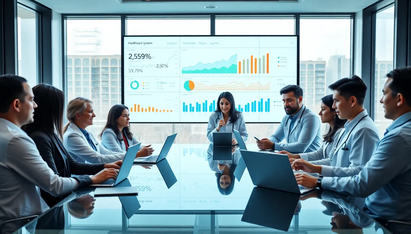 diverse healthcare team discussing payment system trends in a modern office.