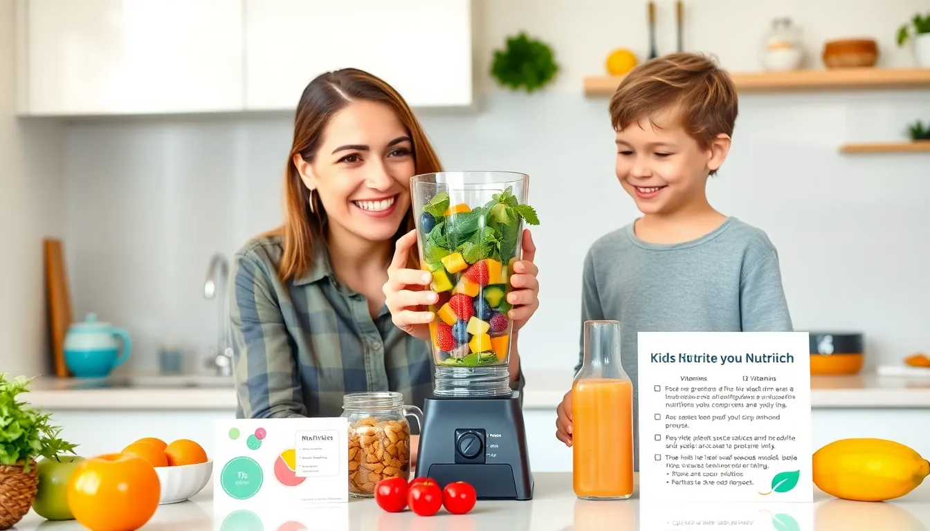 mother and child preparing a nutritious drink in a modern kitchen.