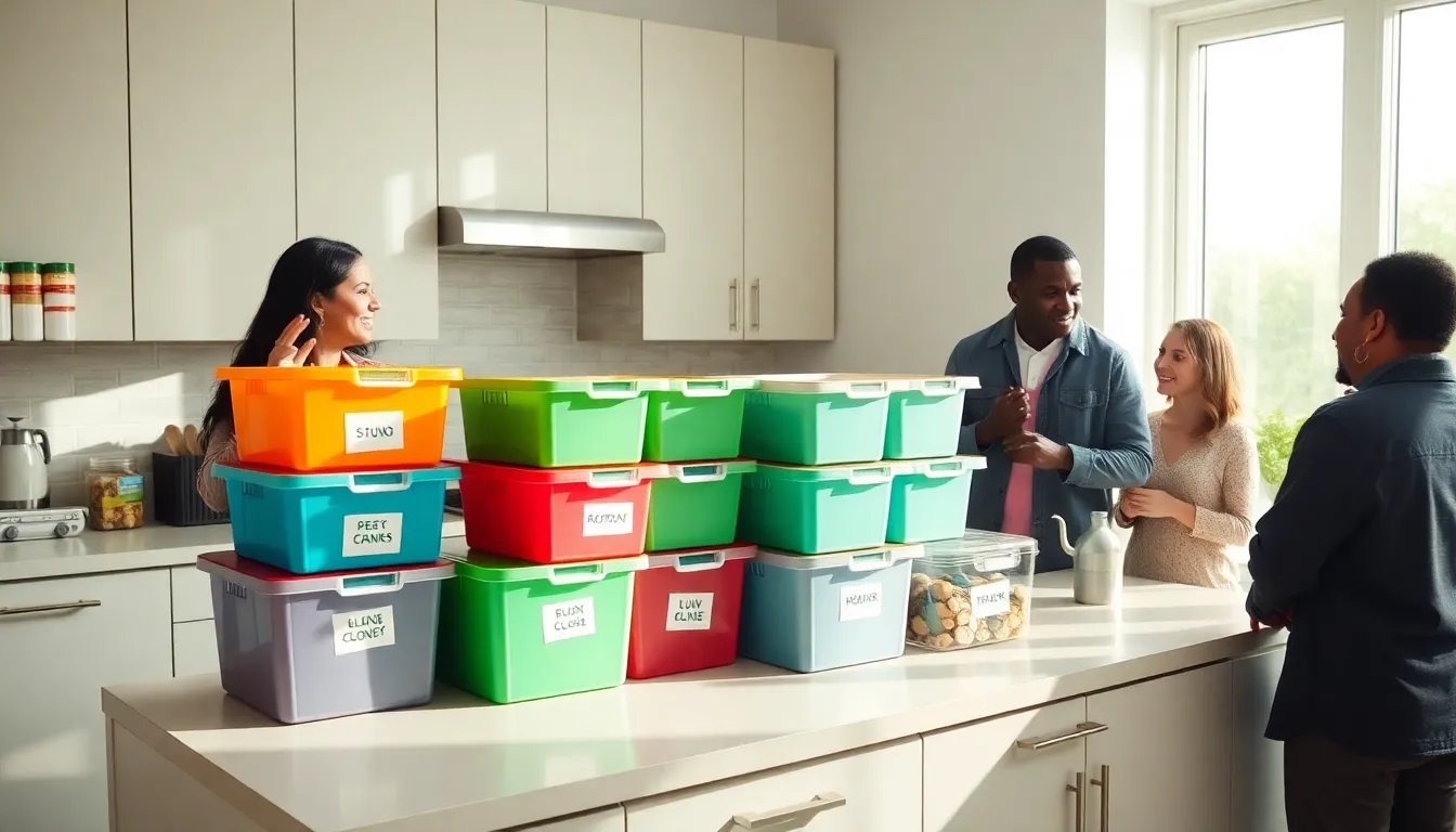 organized kitchen with Dollar Tree storage solutions and diverse individuals.