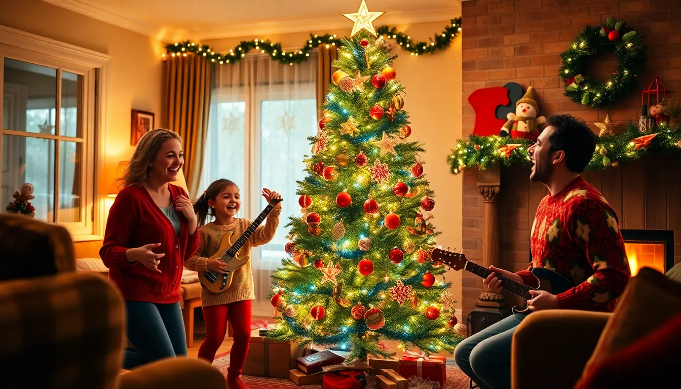 family celebrating Christmas with music in a cozy living room.