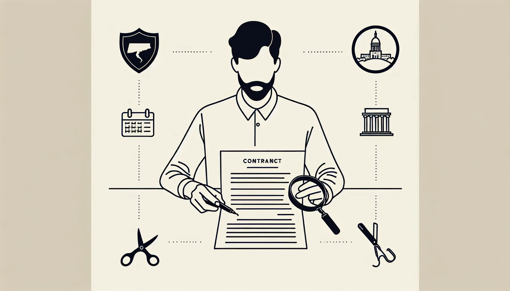 Dentist at desk reviewing a Connecticut dental contract with related icons of Connecticut Dental Contract Review.