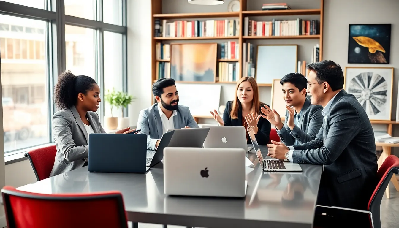 diverse team collaborating in a modern workspace for a blog.