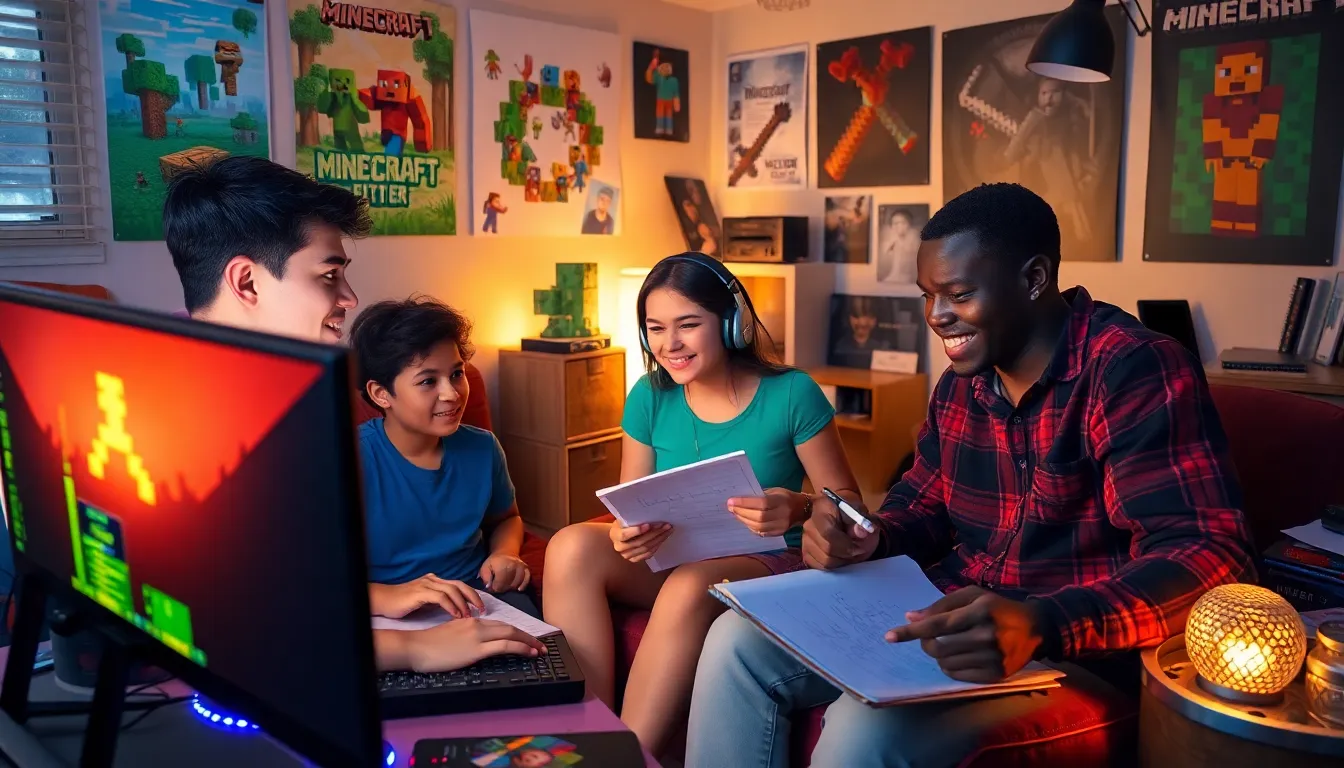 a diverse group of players collaborating on Minecraft Java in a cozy room.