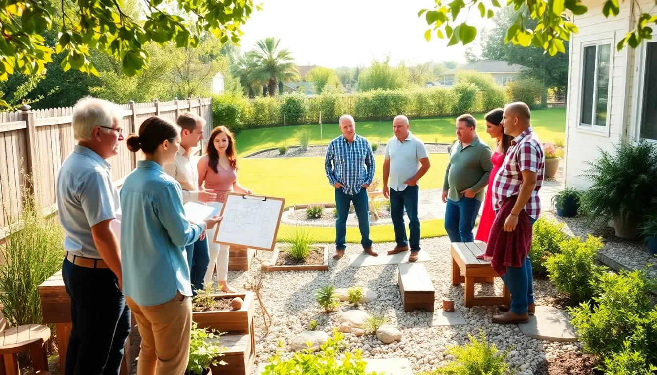 diverse homeowners discussing a budget-friendly backyard makeover.