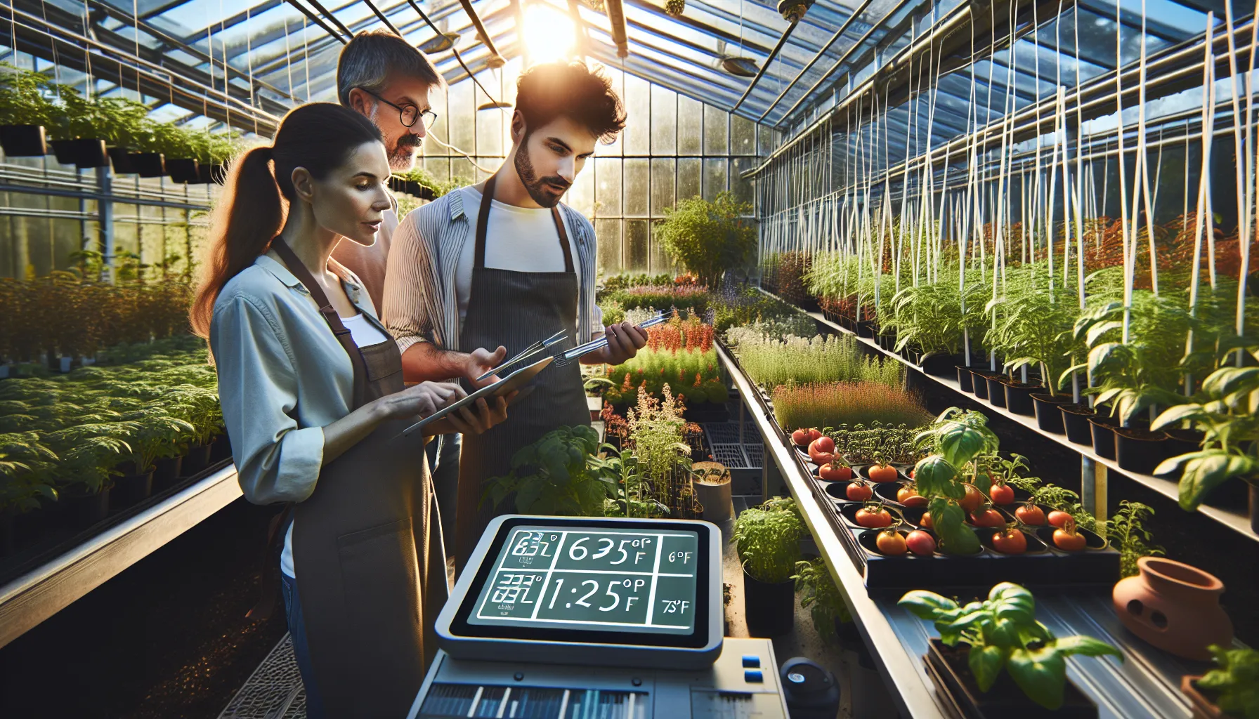 diverse gardeners in a greenhouse monitoring plant conditions.