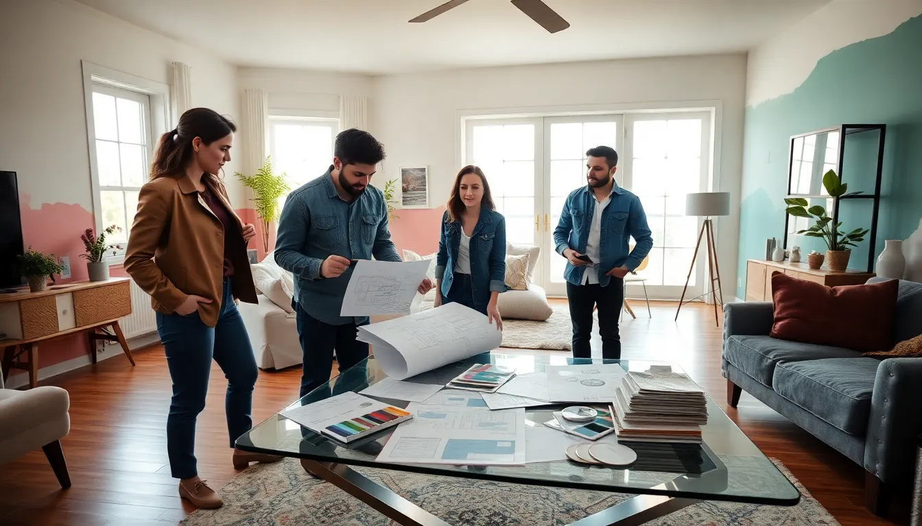diverse team collaborating on a home renovation in a stylish living room.