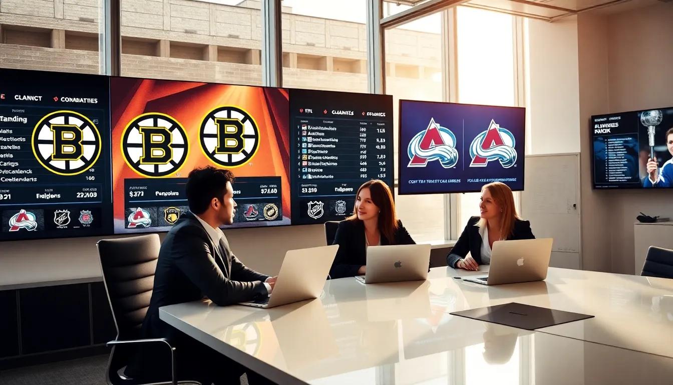 diverse team analyzing NHL standings in a modern office.