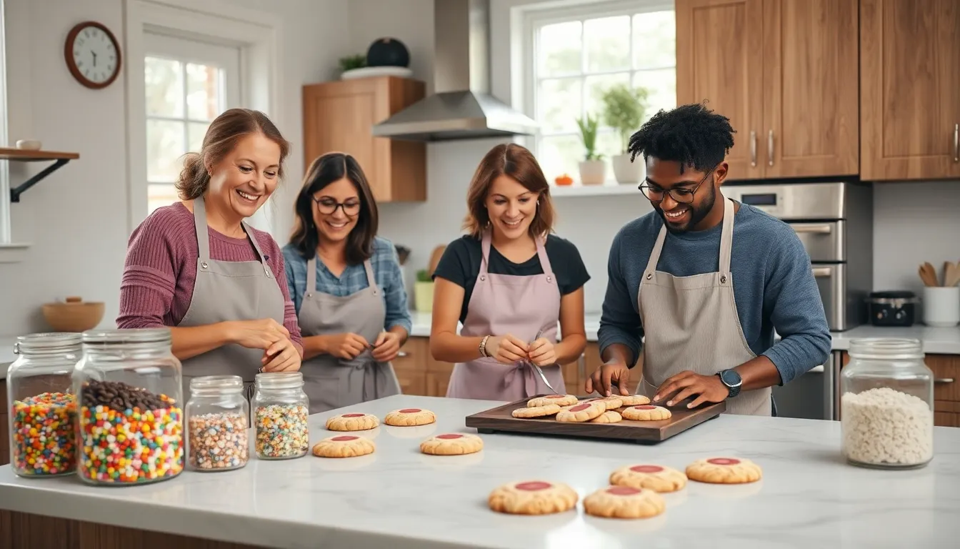 a diverse team joyfully baking cookies in a cozy kitchen.