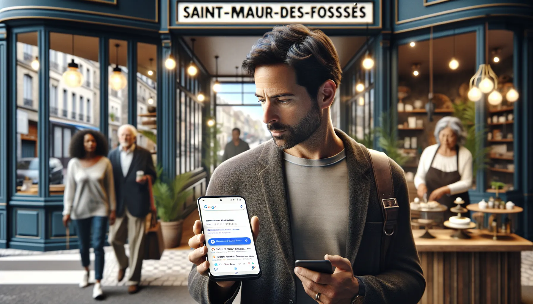 Business owner in Saint-Maur-des-Fossés checking Google local results on smartphone.