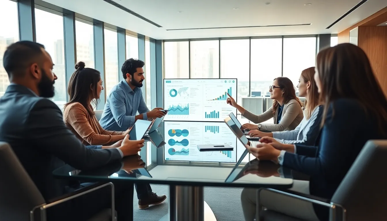 diverse professionals collaborating in a modern office setting.