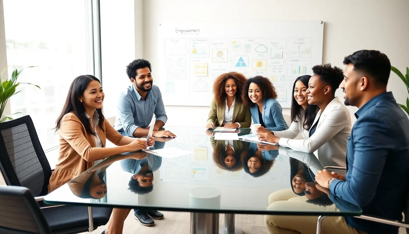 diverse team brainstorming in a bright, modern office.
