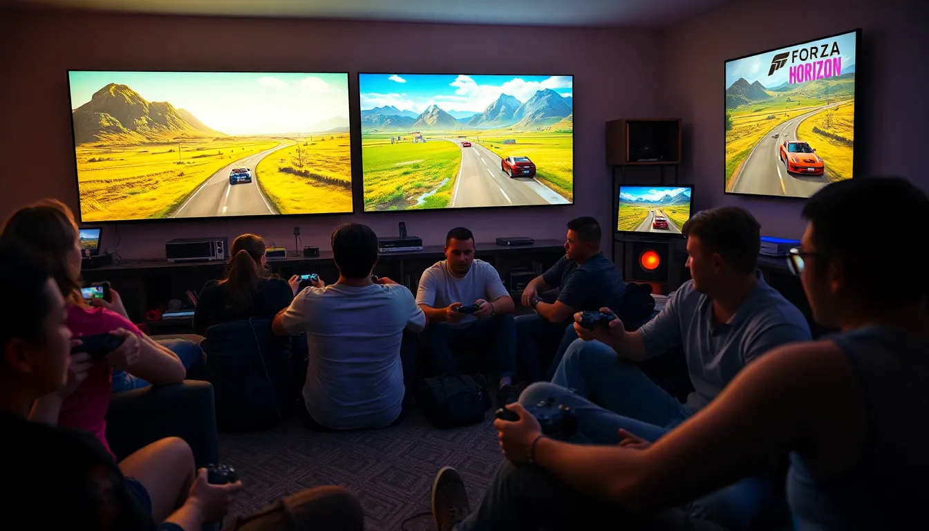 players enjoying Forza Horizon in a modern living room.