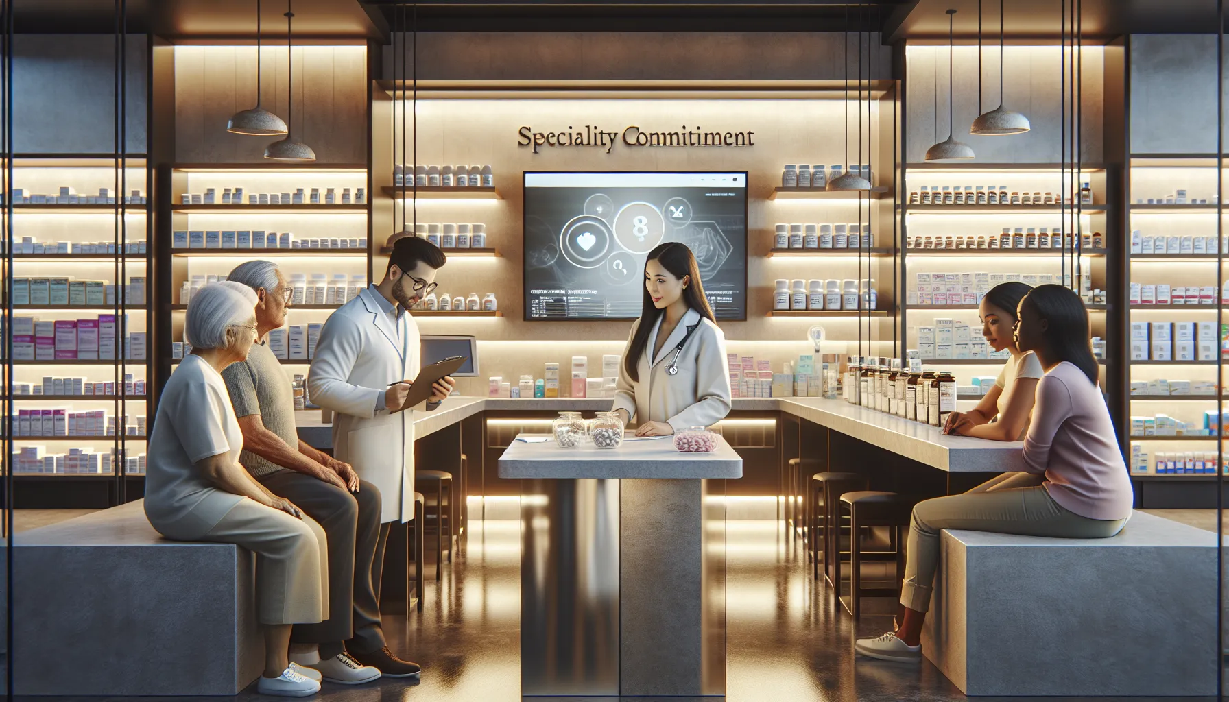 pharmacist assisting diverse clients in a modern pharmacy setting.