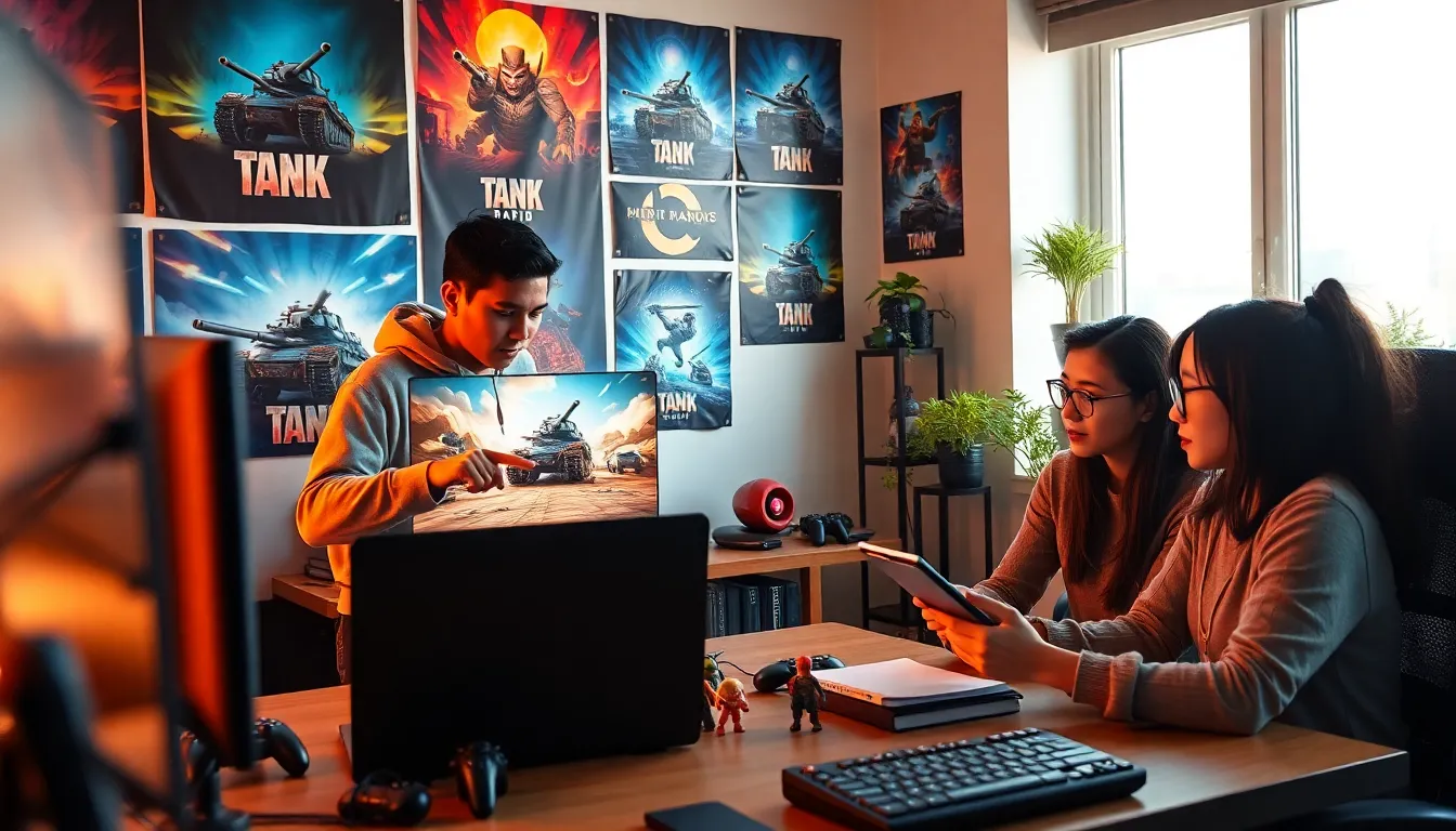 a diverse team of game developers discussing the Tank Rapid trailer.