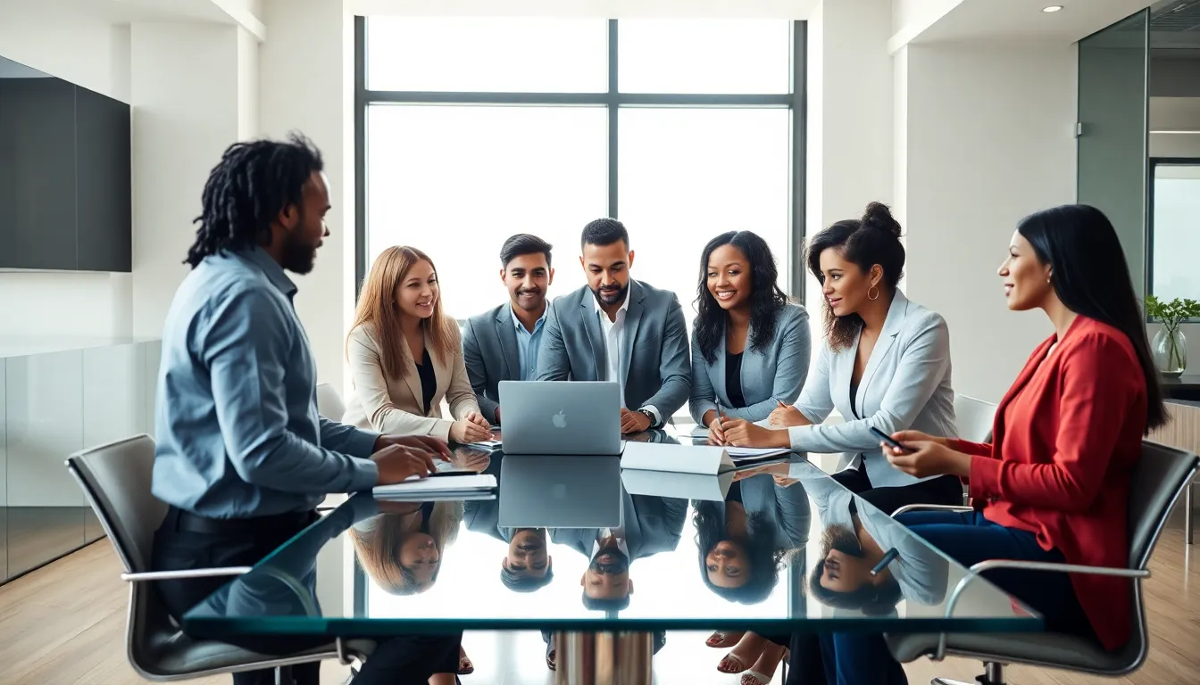 diverse professionals discussing in a modern office setting.