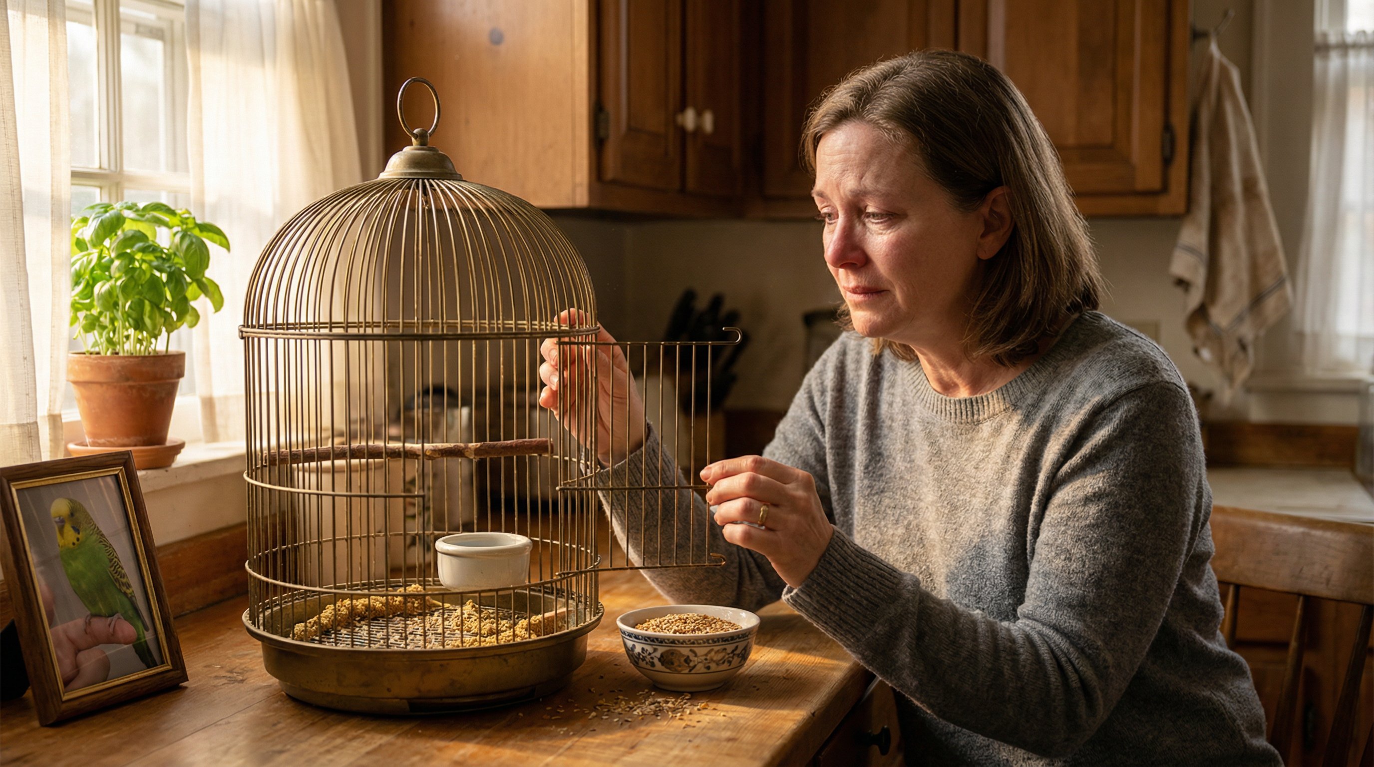 A woman resting her hand on an empty birdcage in a sunlit kitchen.