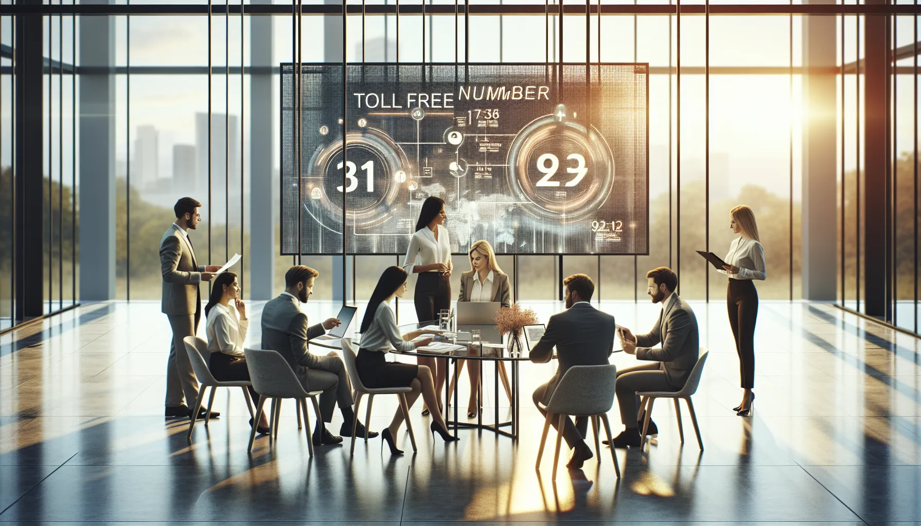 diverse professionals discussing toll-free numbers in a modern office.