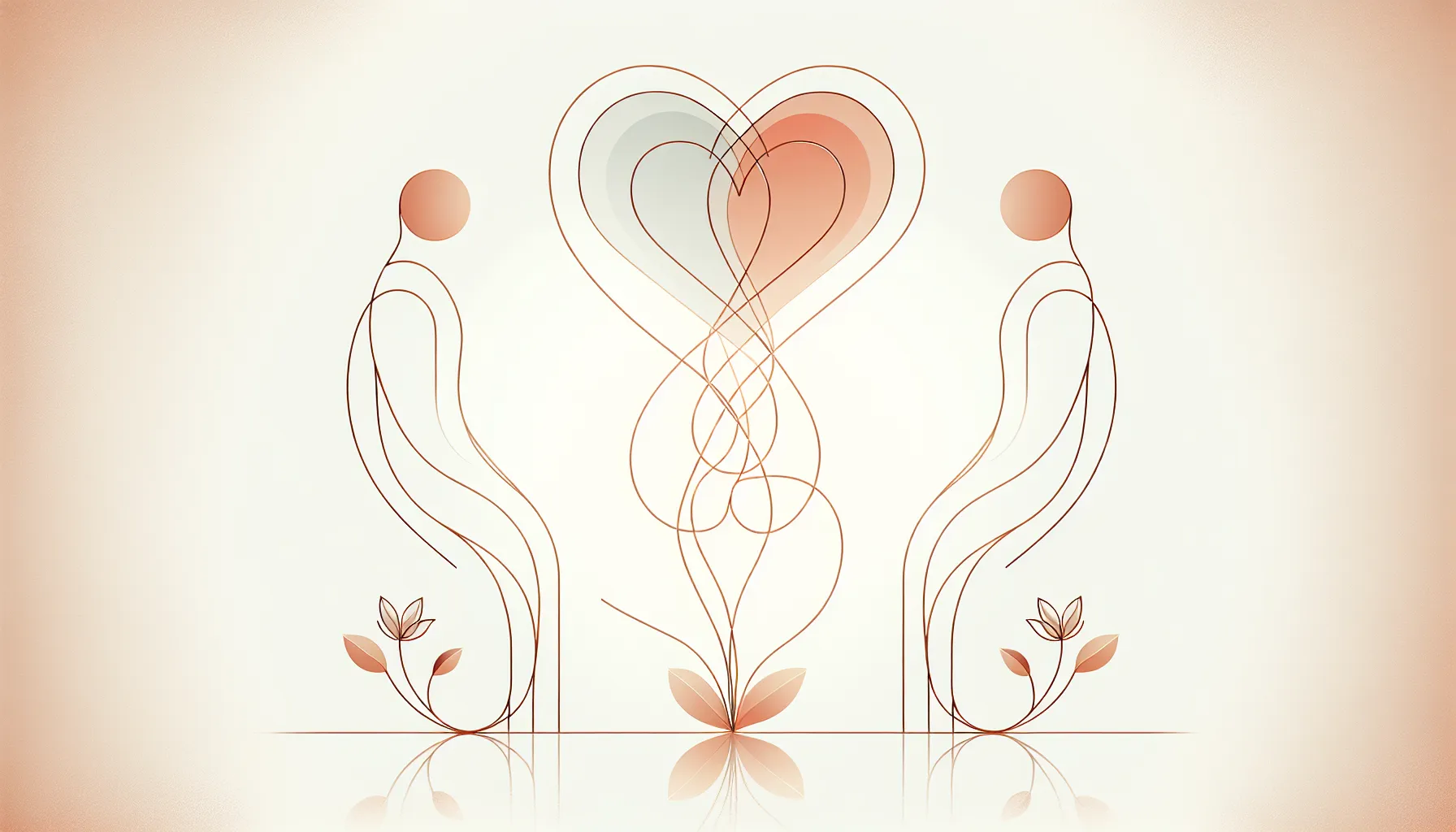 Two simplified silhouettes connected by flowing lines with heart symbol above