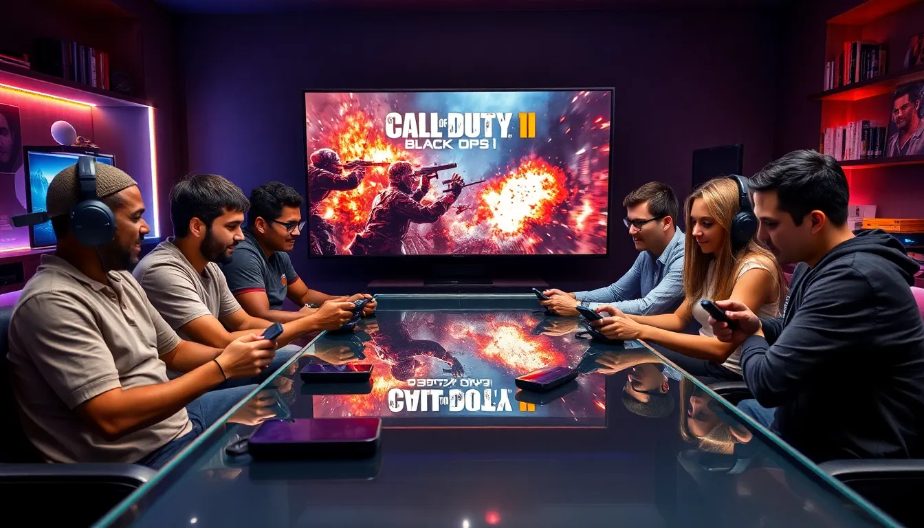 diverse group of gamers playing Call of Duty: Black Ops 2 on PS4.