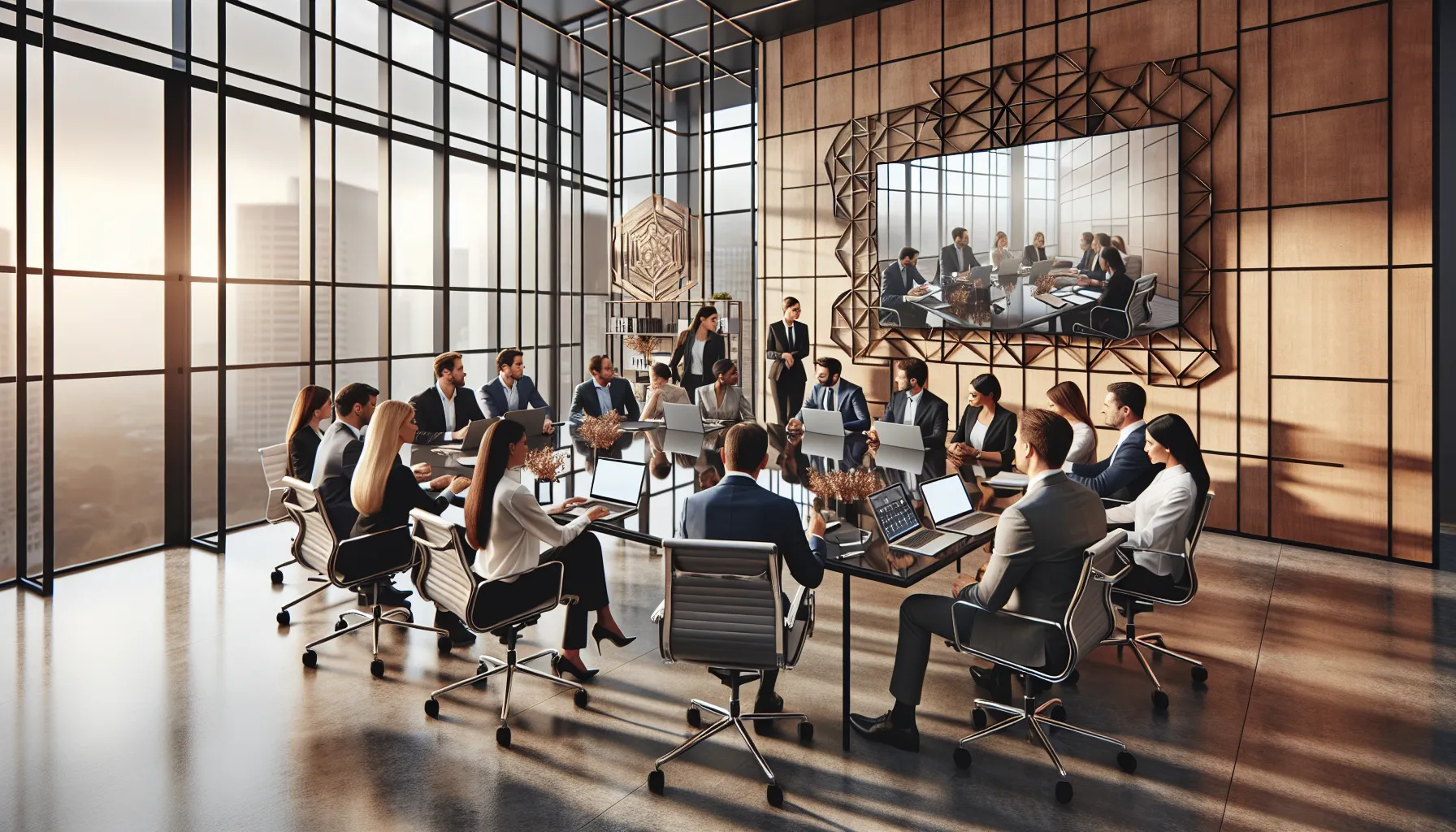 professionals engaged in a virtual meeting using Lync software in a modern office.