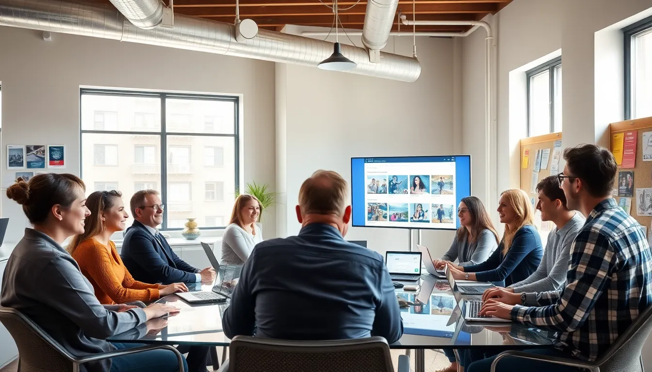 diverse group collaborating in a modern workspace about local events.