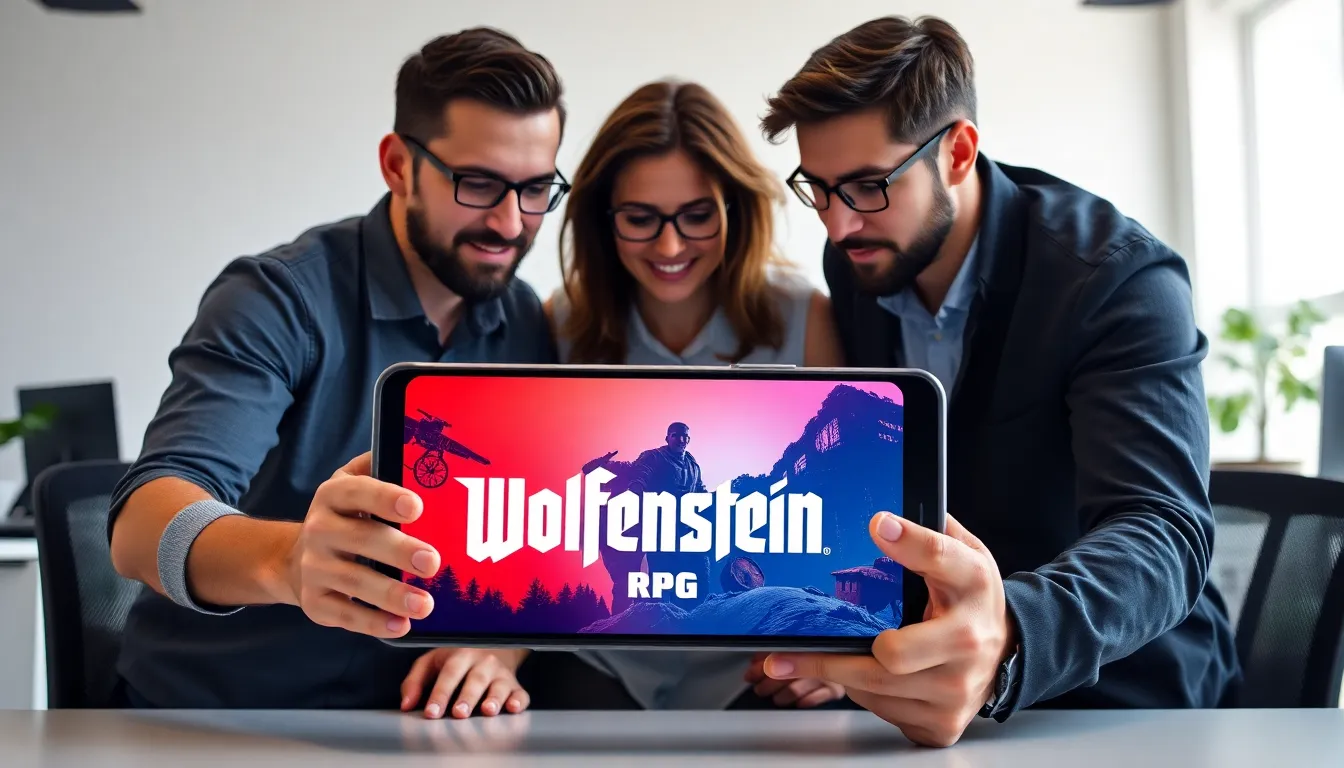 gamers discussing Wolfenstein RPG on a modern mobile device.
