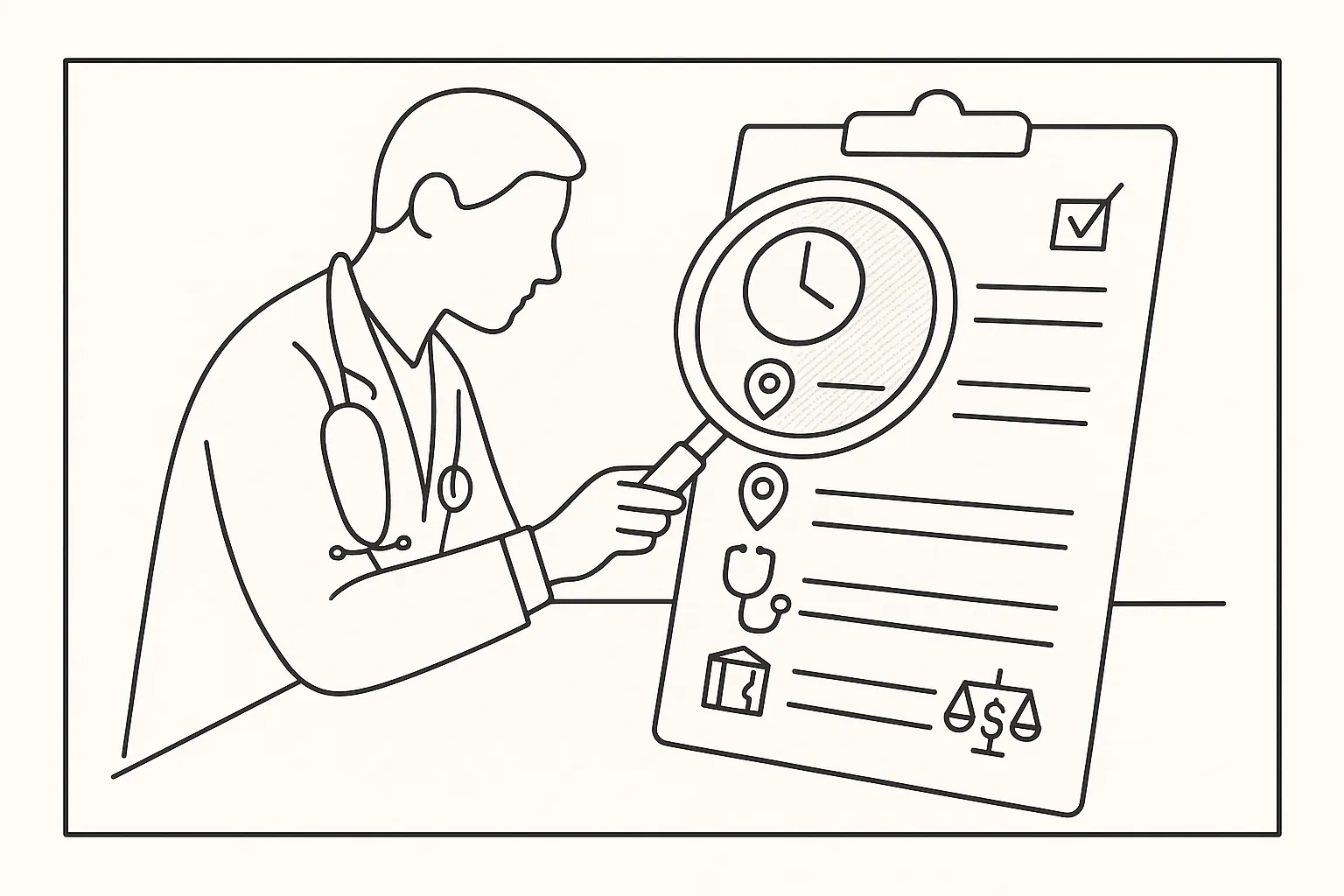 Physician assistant examining a contract with icons for time, map, stethoscope, exceptions, remedies.