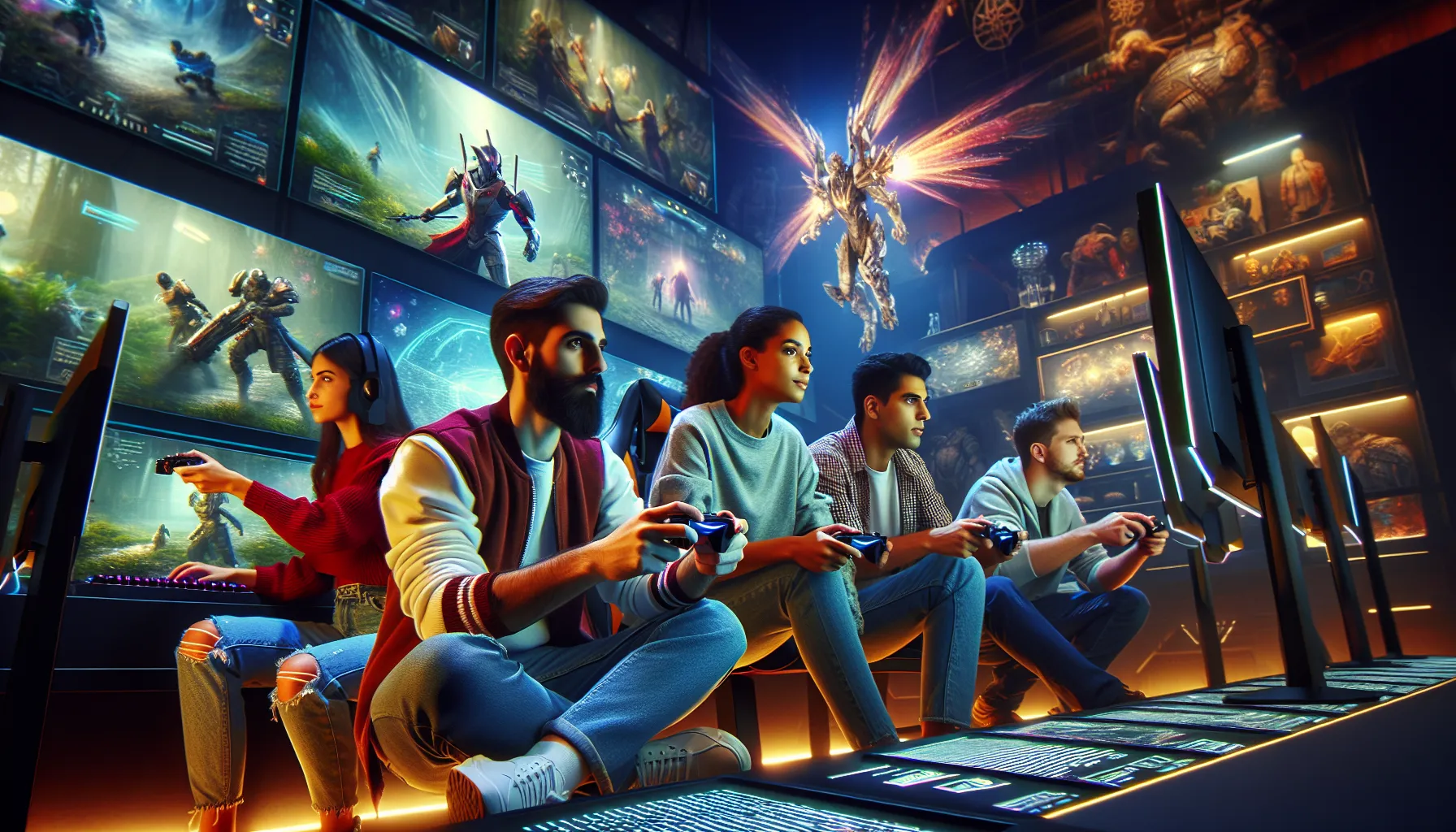 diverse players enjoying CaladriusAPK20192 in a modern gaming lounge.