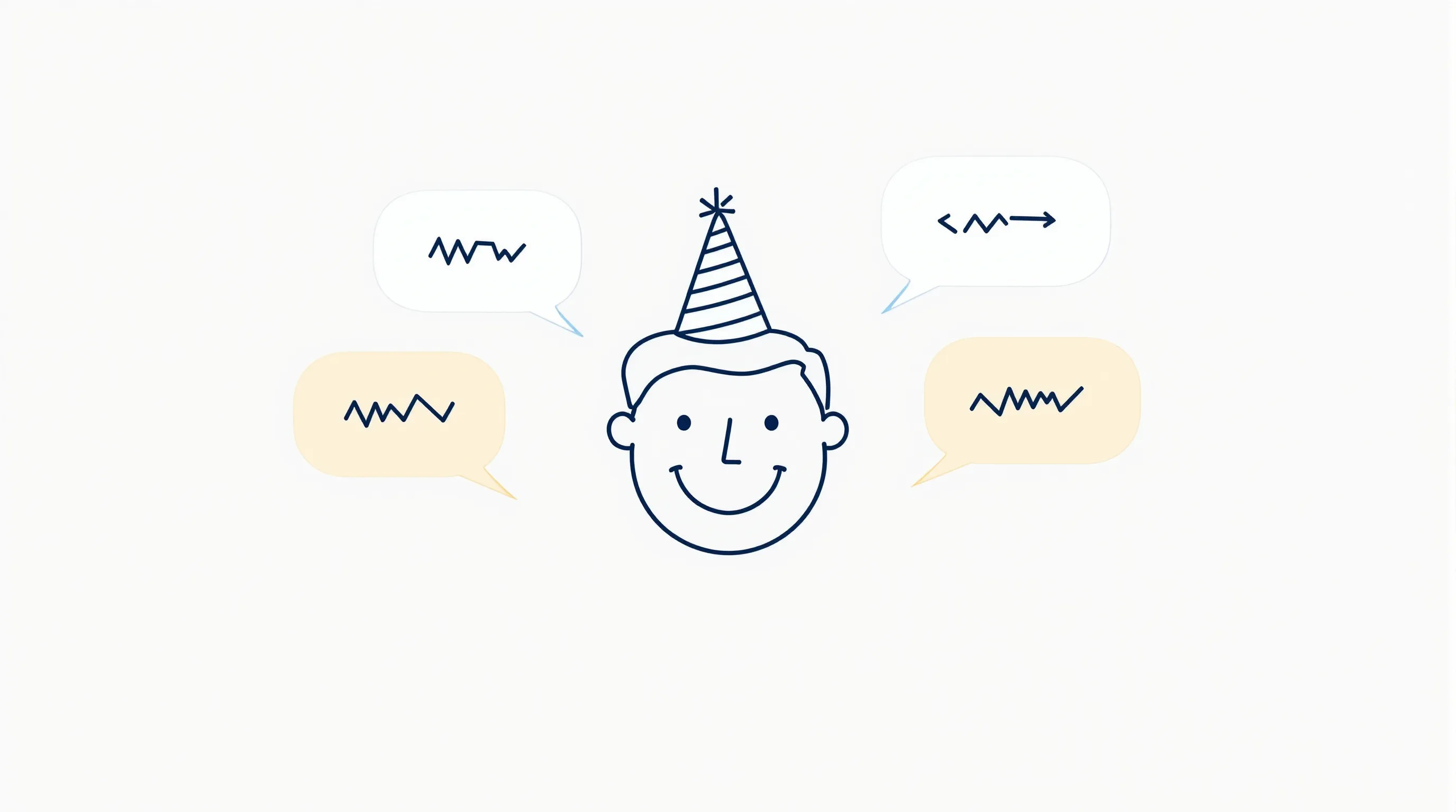 a smiling man with a party hat and comic speech bubbles