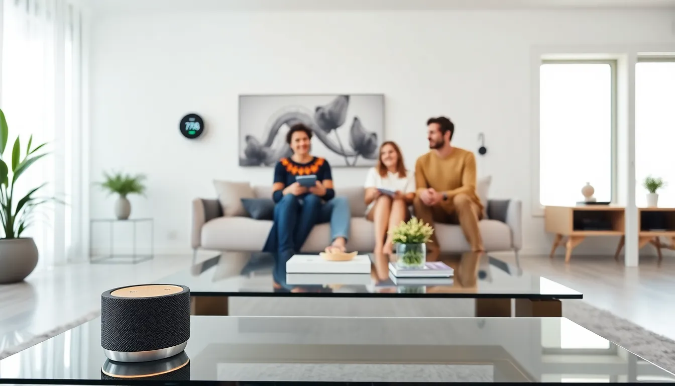 modern living room with various smart home gadgets displayed.