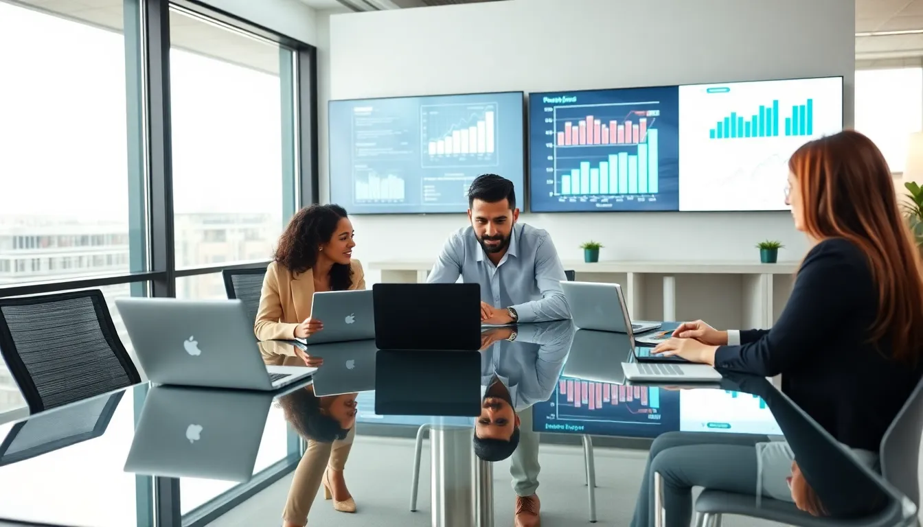 diverse professionals collaborating in a modern office setting.