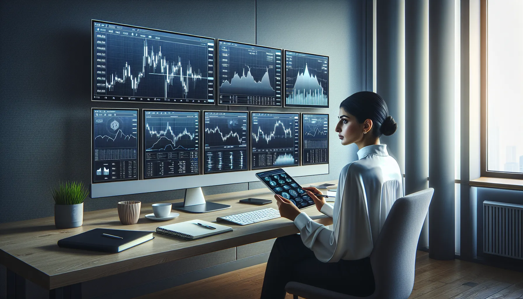 Professional monitoring trading bot performance on digital screens in modern office.