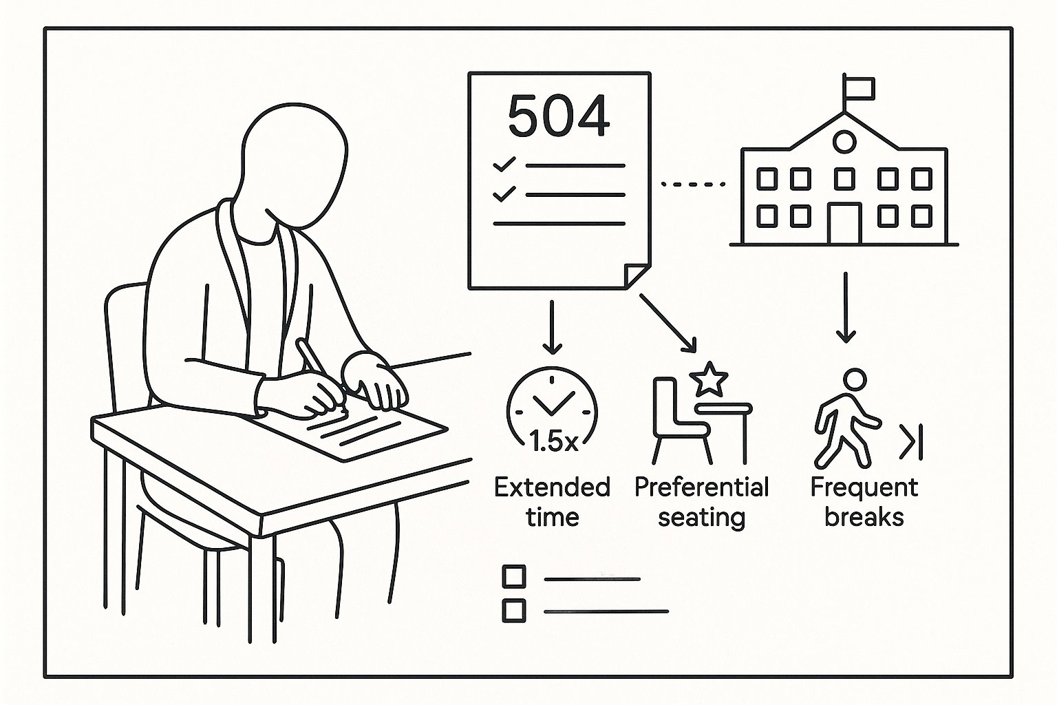 Clinician writing a 504 letter with icons for time, seating, and breaks. - What Is a Therapist Letter For a 504 Plan How To Write One That Works In 2026