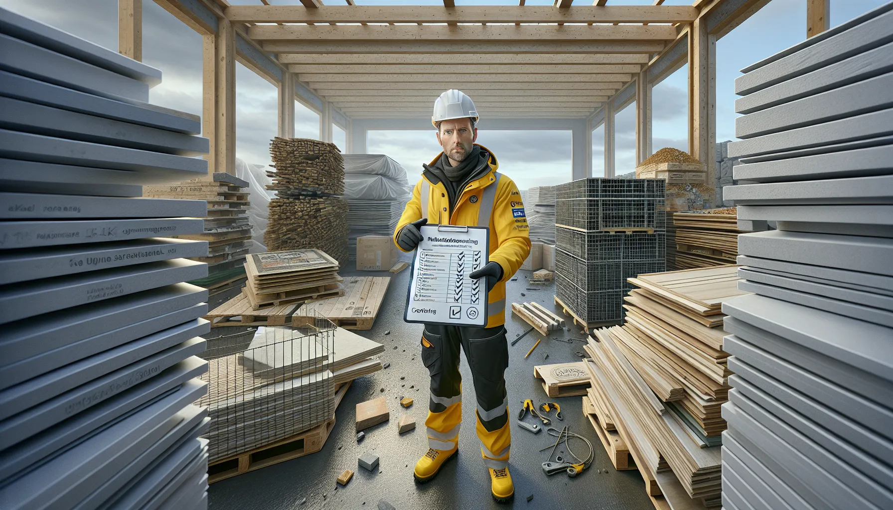 Construction manager reviewing reused timber and recycled steel at a norwegian building site.