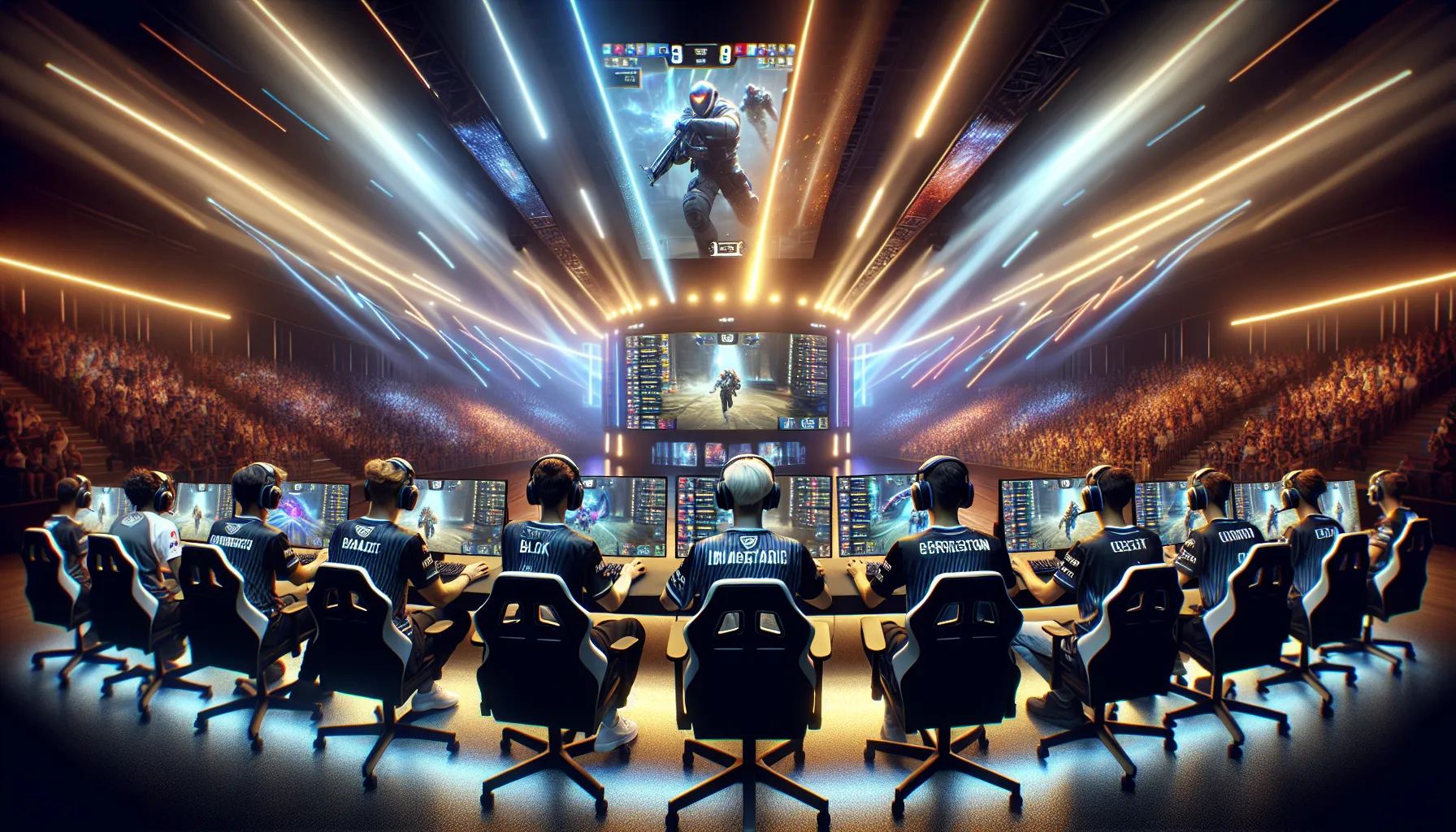 diverse esports team competing in a vibrant gaming arena.