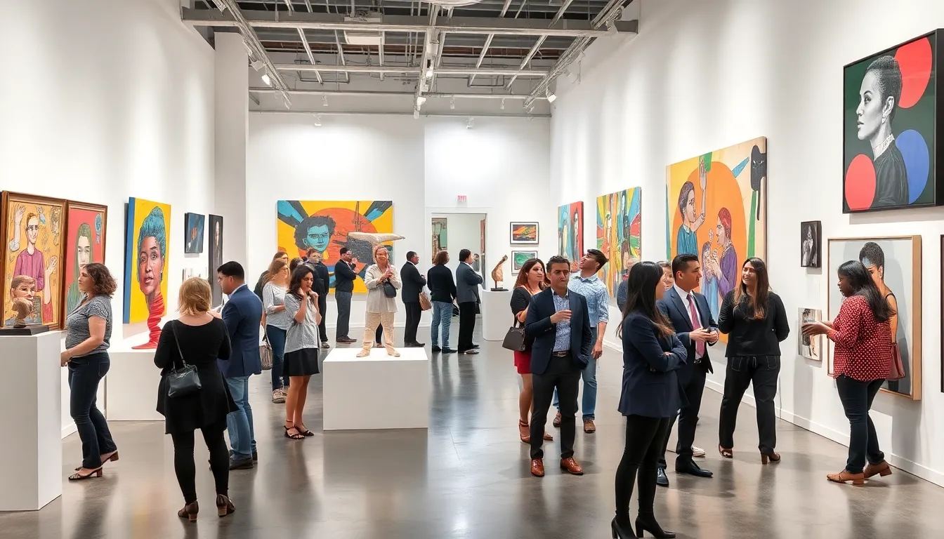 diverse visitors exploring contemporary art in a modern gallery.