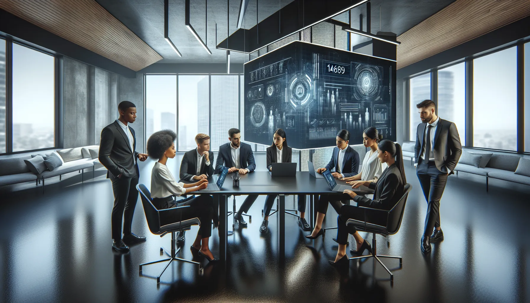 diverse team collaborating in a modern office, discussing technology and data.