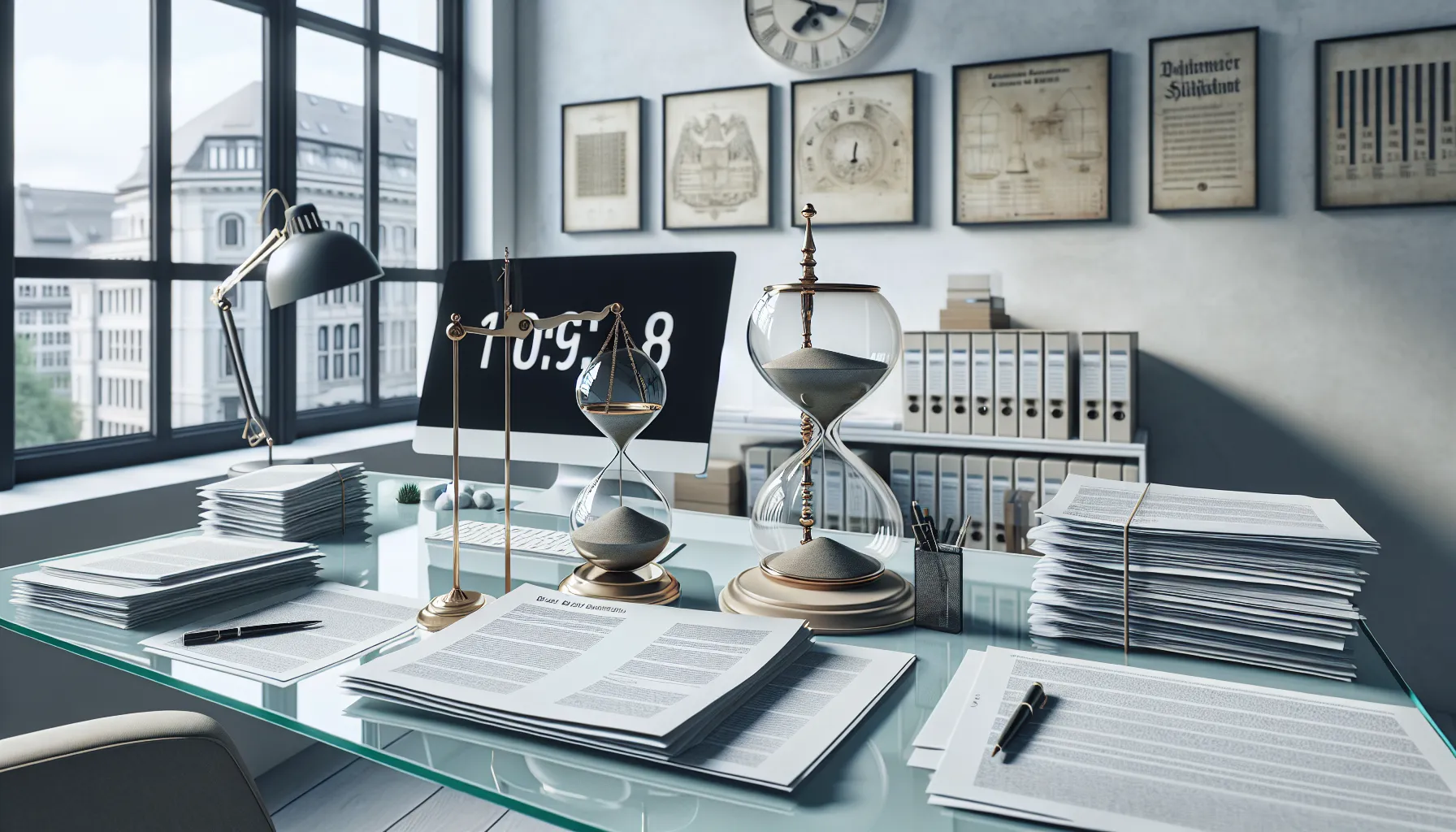 Legal office with hourglass, documents, and law books representing debt statute of limitations.