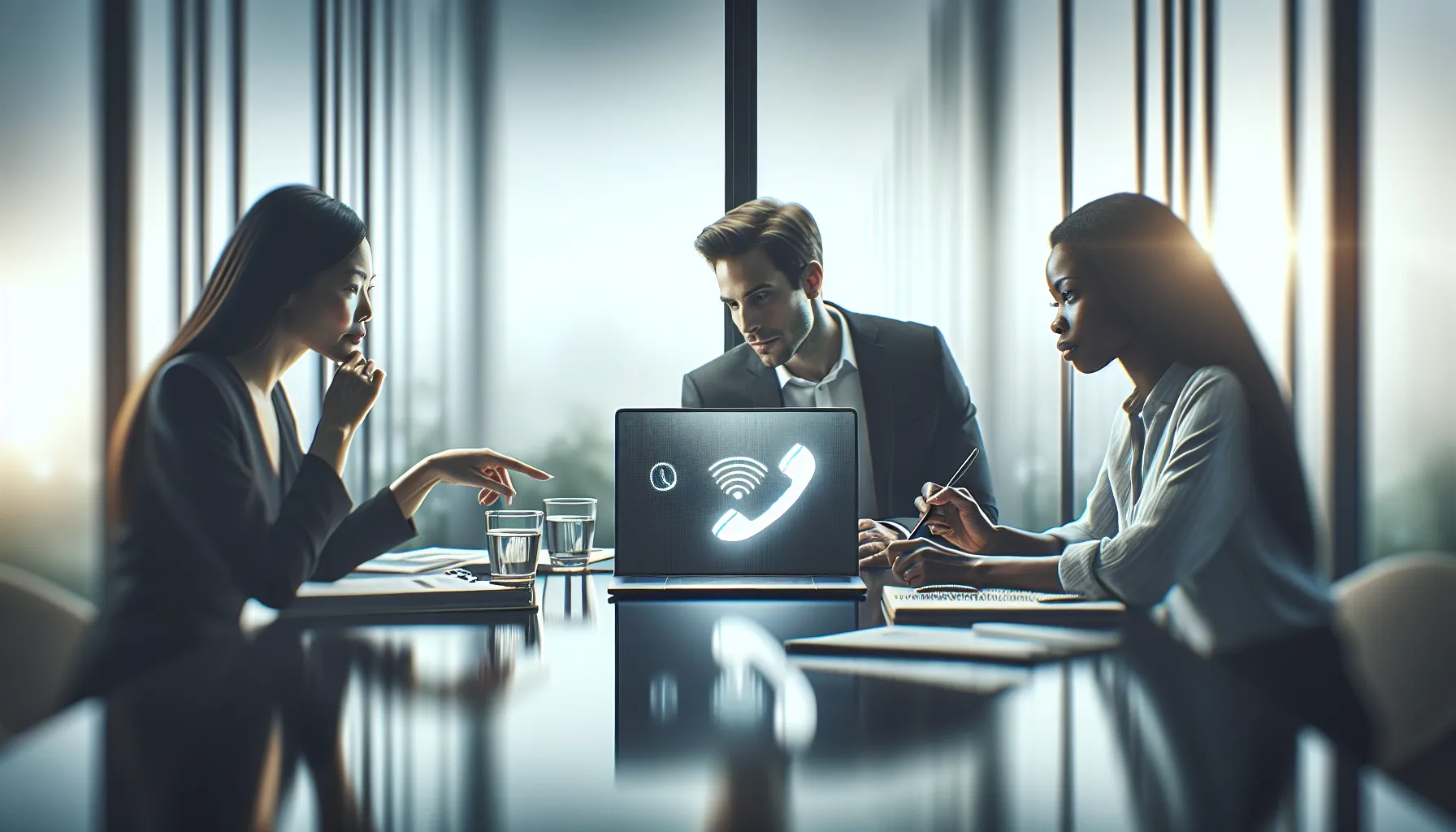 professionals discussing phone call legitimacy in a modern office.