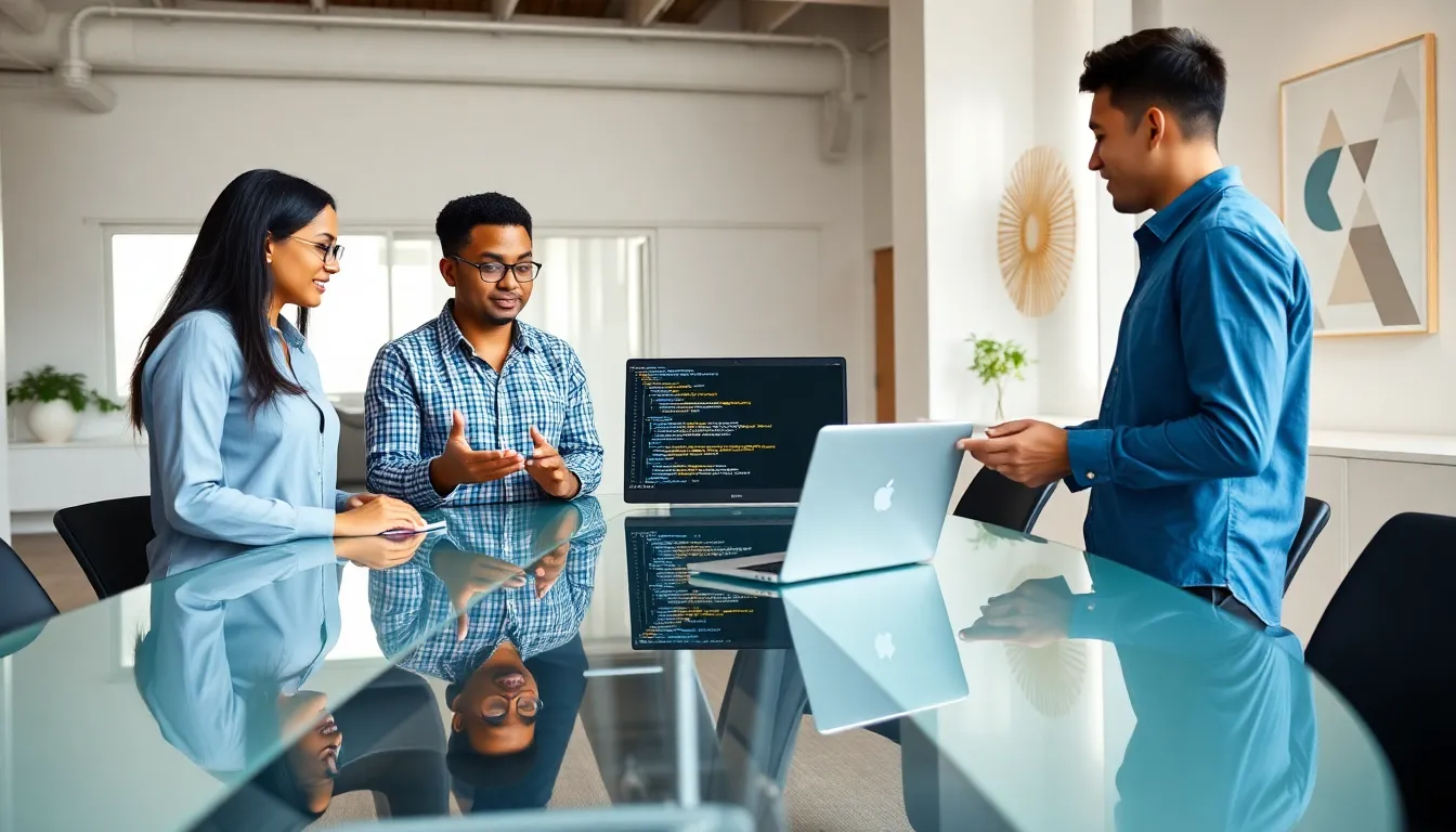 diverse developers collaborating on Java programming in a modern office.